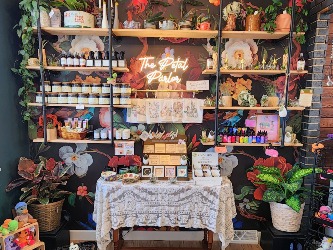 Gift and plant display inside The Petal Parlor flower shop in Barnesville, Minnesota