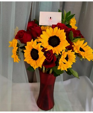 1 Dozen Long stem Red Roses & 1 Dozen Sunflowers Vase Arrangement