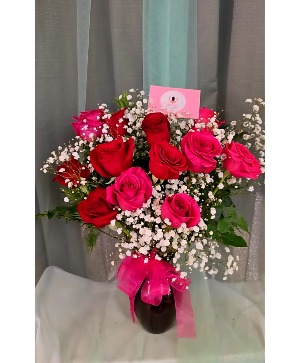 1 Dozen Pink & Red Long stemmed Roses in Red Vase Vase Arrangement