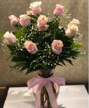 1 Dozen Pink Roses With Pink Ribbon 