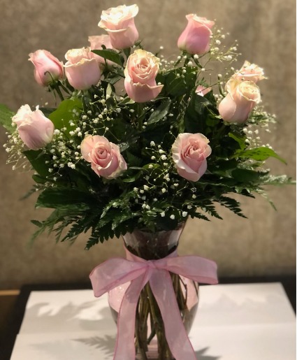 1 Dozen Pink Roses With Pink Ribbon 
