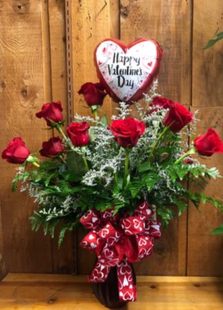 1 DOZEN ROSES with MYLAR STICK BALLOON VALENTINE 