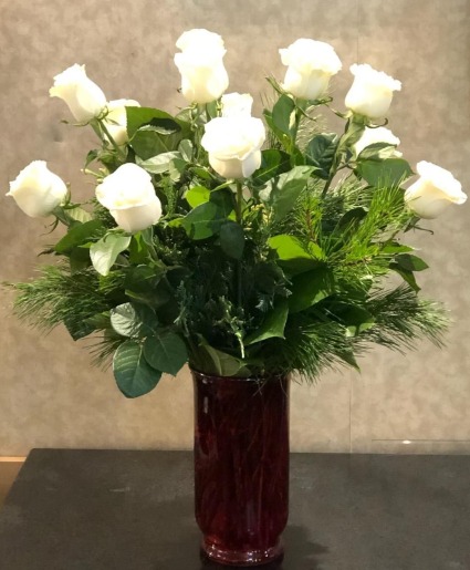 1 Dozen White Roses With Winter Greens  Vase Arrangement