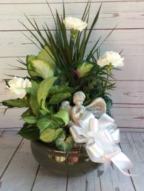 10" Ceramic Dish Garden  W Bow, Angel & Flowers