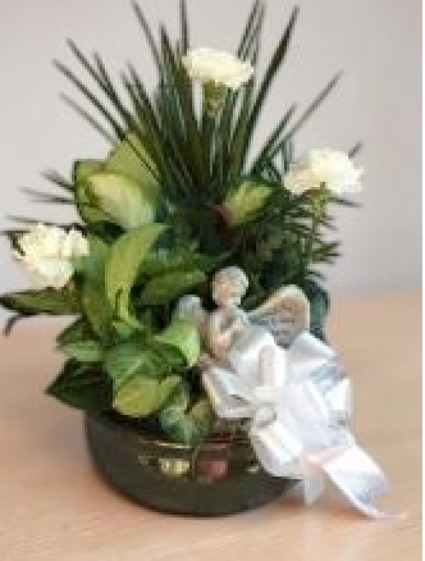 10" Ceramic Dish Garden  W Bow, Angel & Flowers