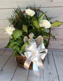 10" Wicker with bow, fresh flowers & angel 