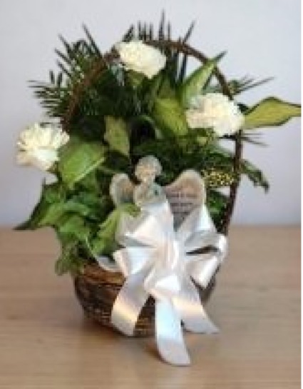 10" Wicker with bow, fresh flowers & angel 
