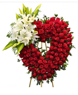 100-red roses funeral tribute  Large open heart 