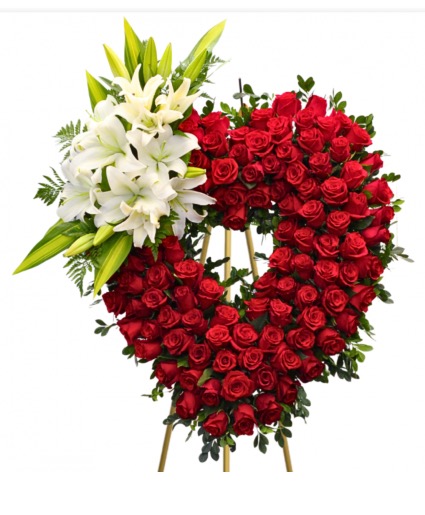 100-red roses funeral tribute  Large open heart 