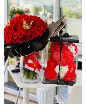 100 Roses & Rose Teddy Vase and Initial on Teddy Included