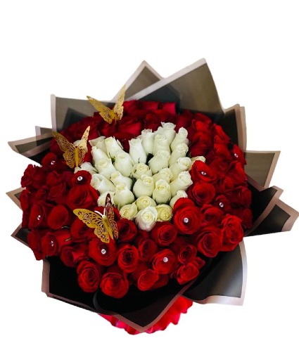 100 roses w/ white heart in the middle 