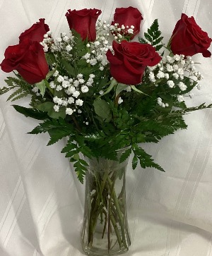 6  Roses VASED with greens & Babys Breath Fresh Arrangement