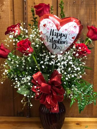 1/2 DOZEN ROSES with MYLAR STICK BALLOON VALENTINE