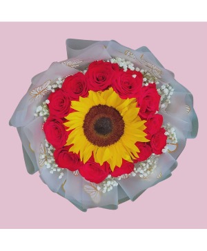 12 red rose bouquet with a sunflower  