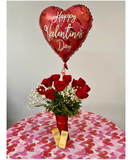 12 Roses, Balloon, & Dubai Chocolates Bundle