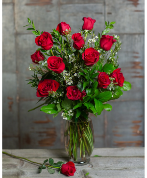 12 long stems Rose in vase one side arrangement