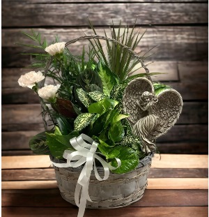 12" Wicker with Bow, Fresh Cut Flowers & Angel 