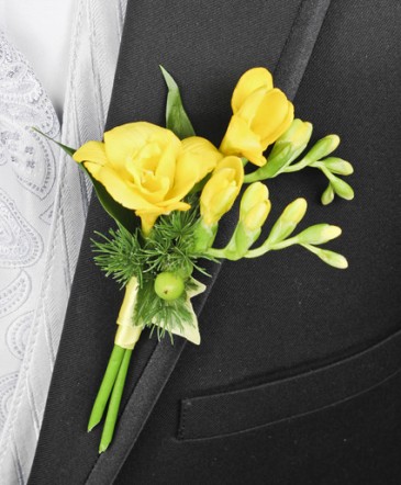GLOWING YELLOW Prom Boutonniere in Albany, NY | Ambiance Florals & Events