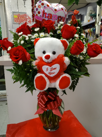 18 Roses With bear and balloon Valentines Specials in Bronx, NY