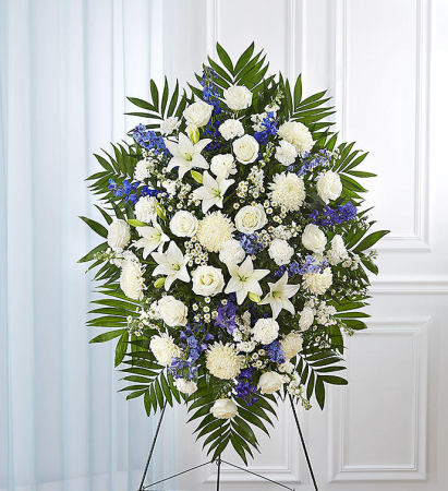 1800Flowers White & Blue Sympathy Funeral Standing Spray in Sutton