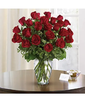 2 Dozen long Stem Red Russian Cut Roses  Vase Arrangement