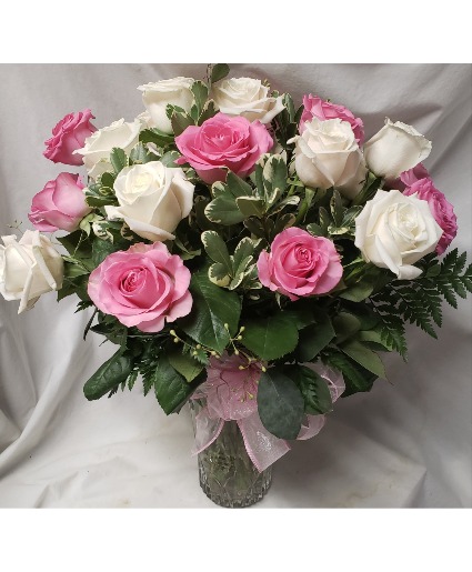 2 Dozen Roses Arranged all the way around... 1 dozen white and 1 dozen pink...with different greens