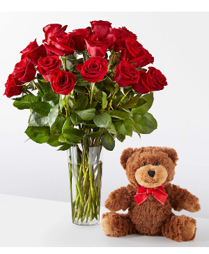 2 dozen roses with teddy bear Holiday arrangement