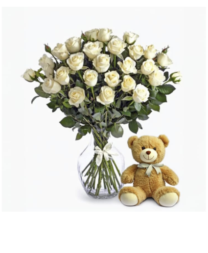 2 Dozen white roses and a Bear Vase Arrangement 