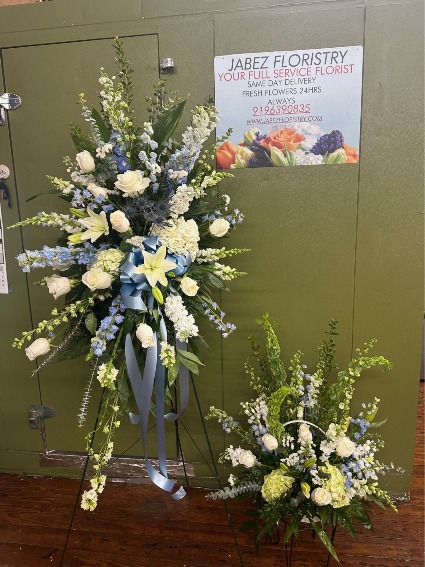 2- pieces blue , white funeral tribute