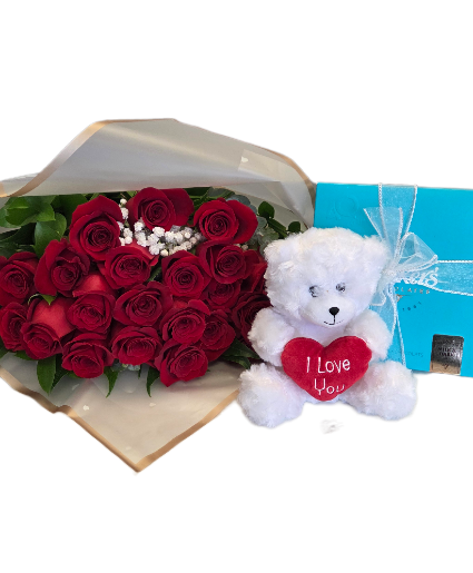 2  dozen Red roses, Teddy Bear  and Walkers chocolate , Wrapped Bouquet 