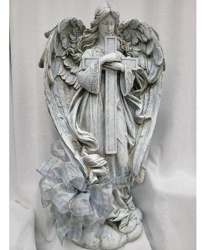 25" Angel Holding a Cross with a Bow 25" Angel Holding a Cross with a Bow