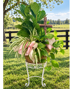 3 Assorted Plants in Basket with Bow & Cross 