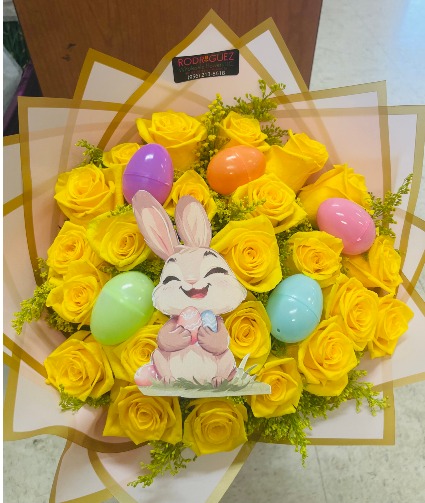 #3 Easter Bouquet 24 yellow roses with solidago, plastic easter eggs, etc.
