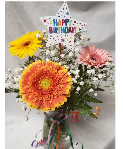 3 Gerbera Daisies in a vase with a birthday (B) pic!