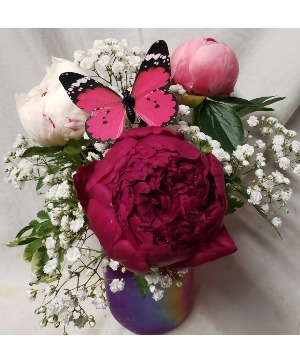 3 Peonies with filler in an mason jar...includes BUTTERFLY pick. (Peony colors could vary RED, PINK OR WHITE)