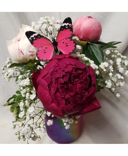 3 Peonies with filler in an mason jar...includes BUTTERFLY pick. (Peony colors could vary RED, PINK OR WHITE)
