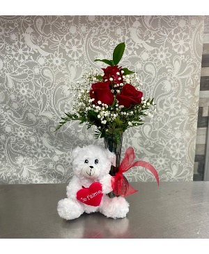 3 Red Rose vase  With Teddy Bear 