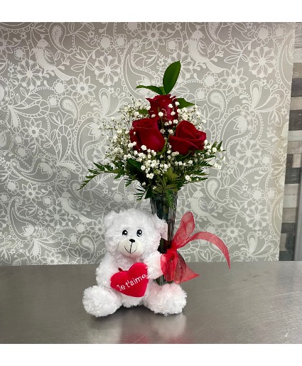 3 Red Rose vase  With Teddy Bear 