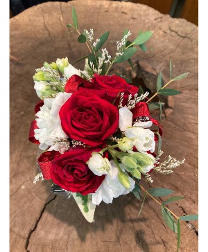 3 Red Spray Rose and White Stock Wristlet