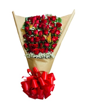 50 roses wrapped in brown paper with big red bow 