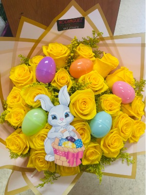 #4 Easter Bouquet 24 yellow roses with solidago, plastic easter eggs, etc.
