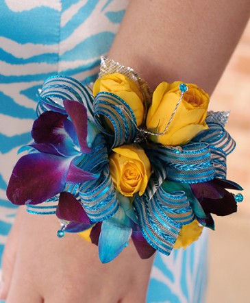 Blue & Yellow Prom Corsage Prom Flowers in Albany, NY | Ambiance Florals & Events