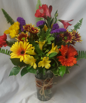 "Autumn Charm Bouquet"...(F) sesaonal mixed fall flowers in a vase with fall ribbon detail and raffia wrap