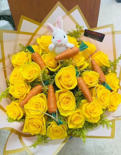 #5 Easter Bouquet 24 yellow roses with solidago and added accesories