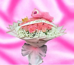 50 pink roses With a sleepy teddy bear 