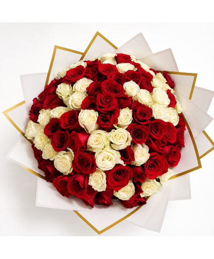 50 Red / White Roses Bouquet 
