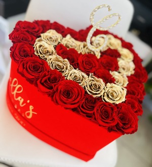 50 Year Long Roses in a Velvet heart box  Initial  Included