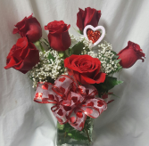  HEARTS AND ROSES Bouquet...(VD)....6 RED ROSES with baby's breath,  a bow and a heart pic ALL ARRANGED IN A VASE  