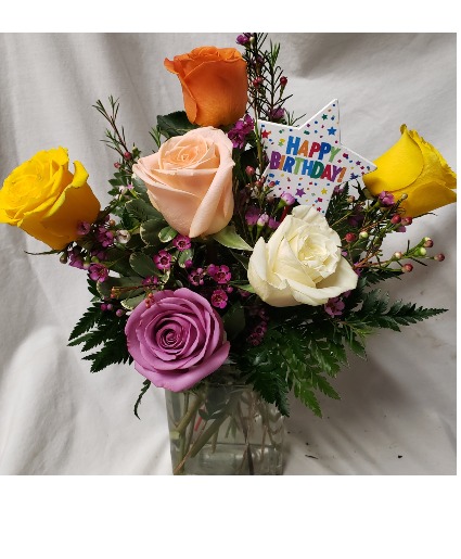6 mixed roses with a seasonal filler flower  (R) Arranged in a vase...includes birthday pic too! (Rose colors may differ depending on daily stock)