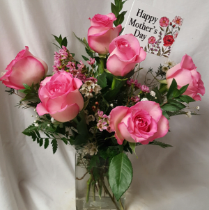 6 Pink Roses arranged in vase with Seasonal (MD) filler and includes a wooden Mother's Day Pic.